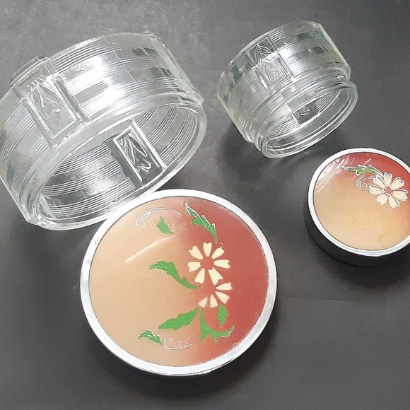 Antique VTG ART DECO Clear GLASS Vanity Powder Box Trinket Metal Lid Set of 2 - Picture 2 of 12